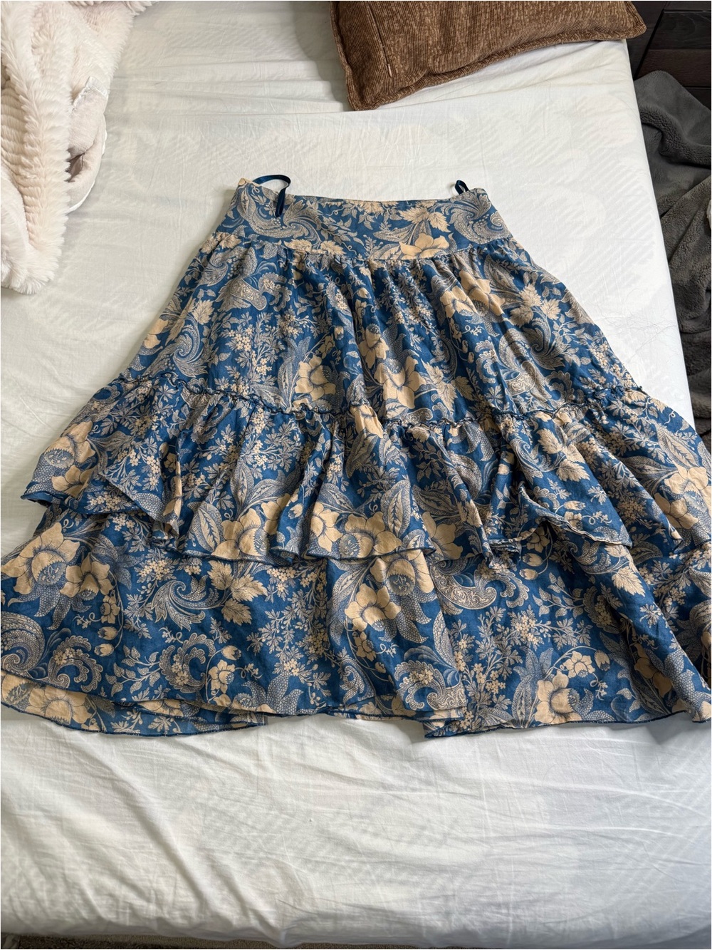 Blue Floral Tiered Midi Skirt